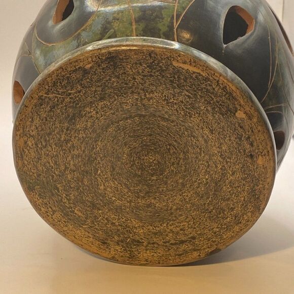 Vintage Green and Grey Nicaraguan Lattice Pierced Pottery Luminary Candle - Picture 9 of 13